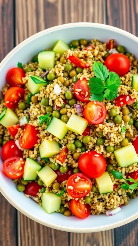 A colorful quinoa and lentil salad with vegetables and parsley on a wooden table.
